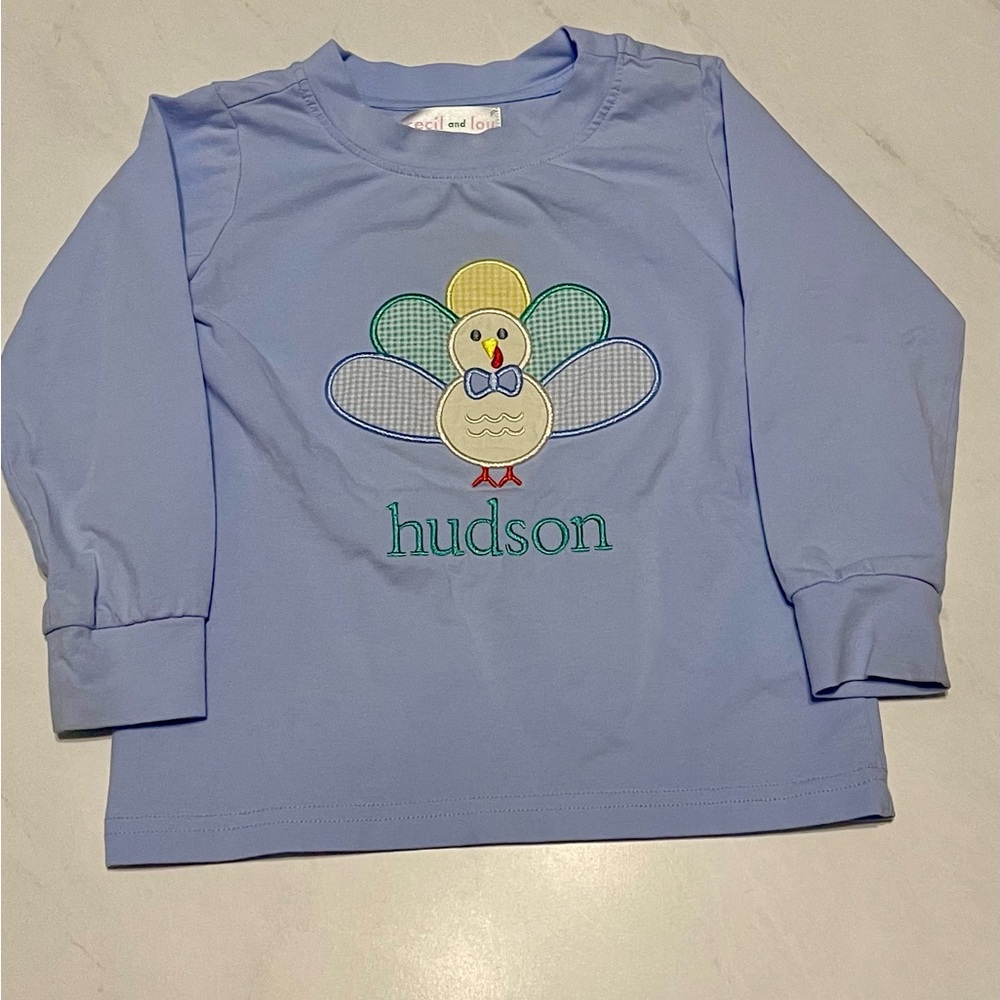 Hudson Light Blue Long-Sleeve Kids Top with Turkey Appliqué